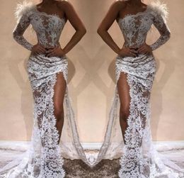 White Full Lace Mermaid Evening Dresses Sell Side Split 2019 Modern One Shoulder See Through Red Carpet Pageant Celebrity Gown6982771