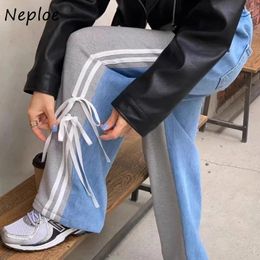 Women's Jeans Neploe Korean Fashion Blue Denim Pants All-match Bow Lace Up For Women 2024 Spring High Waist Wide Leg