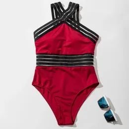 Women's Swimwear Crossover Neckline Swimsuit Stylish Mesh Splicing One-piece For Women Sexy Halter Monokini With High Waist Summer