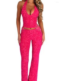 Women's Two Piece Pants Wsevypo 2Pieces Sets Sexy Summer Backless Halter Tie-up Corset Crop Tops And Side Cross Tied Flare Clubwear