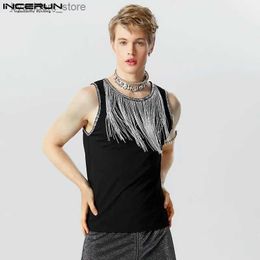 Men's Tank Tops Tops 2023 American Style Handsome New Men Flash Fabric Tassel Design Tank Tops Casual Party Male Hot Selling Vests S-5XL L240319