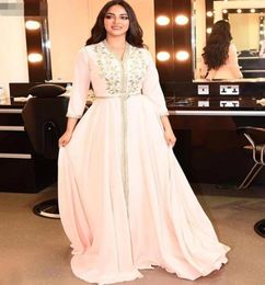 Elegant Pearl Pink Moroccan Kaftan Evening Dresses v neck Long Prom Dress 2020 Embroidery ALine Full Sleeve Arabic Muslim Formal 3987400