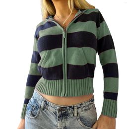 Women's Knits Retro Stripe Knitted Cardigans Hoodies Fall Long Sleeve Zipper Hooded Sweater Coats With Front Pocket Slim Fit Outwear