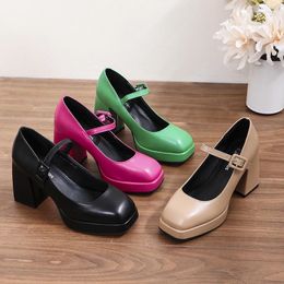 Dress Shoes Women's Faux Leather Block Heeled Comfy Square Closed Toe Ankle Buckle Strap Pumps Solid Color