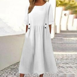 Casual Dresses Women Dress Loose Fit Mid Length Lady Round Neck Short Sleeve Boho Style Summer Workwear