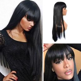 Synthetic Wigs Women Long Straight Black Wig With Flat Bangs Fashion Heat-Resistant High Temperature Wire Party Wig For Daily Life 240329