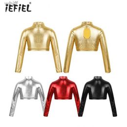 T-shirts Glossy Shiny Metallic Crop Top Kids Girls Rave Outfits Long Sleeves T-Shirts Mock Neck Short Crop Tops Workout Stage PerformanceC24319