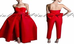 2019 Red Jumpsuits Celebrity Evening Dresses With Detachable Skirt Sweetheart Strapless Satin Guest Dress Prom Party Gowns4685785