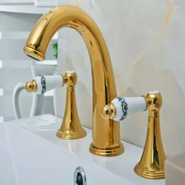 Bathroom Sink Faucets Luxury Gold Colour Brass Deck Mounted Dual Handles Widespread 3 Holes Basin Faucet Mixer Water Taps Mgf023