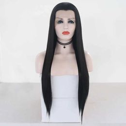 Synthetic Wigs Human Chignons AIMEYA Free Part Black Lace Front Wig Long Silky Straight Synthetic Lace Wigs High Temperature Hair for Men or Women Cosplay 240327