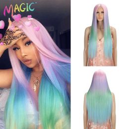 Synthetic Wigs Magic 30inch Straight Wig Synthetic Lace Wig Black Rainbow Colors Straight Wig For Black Women Heat Resistant Cosplay Lolita Wig 240329