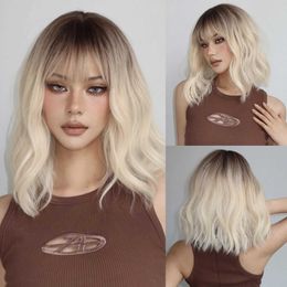 Synthetic Wigs EASIHAIR Blonde Ombre Short Wavy Bob Synthetic Wigs Light Golden Cosplay Lolita Wigs with Bangs Heat Resistant Hair for Women 240328 240327