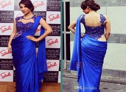 2020 New Arabic Indian Women Evening Dresses Sexy Royal Blue Cheap Sheath Applique Sheer Wrap Party Formal Prom Gowns Party Saree9129795