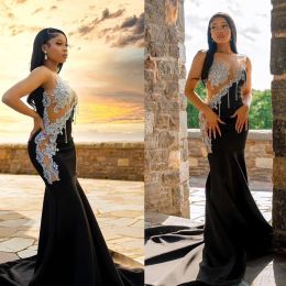 Women Mermaid Evening Dresses Sheer Neck Sleeveless Prom Gowns Sequins Appliques Sweep Train Dress For Party Custom Made Robe De Soiree