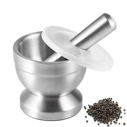 LMETJMA Stainless Steel Spice Grinder With Mortar and Pestle Herbs Bowl Seasoning Mill Pill Crusher KC0245 240307