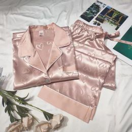 Herz Druck Pyjamas für Frauen Eis Seide Frühling Herbst Zwei-stück Set Lange ärmeln Hause Kleidung Lässige Nachtwäsche dessous Set