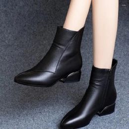 Boots Small Short Soft Leather Thick Heel Medium 2024 Autumn And Winter Women's Black All-match Comfortable Nude