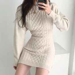 Casual Dresses Bodycon Khaki Sweater Dress Women Winter Thick 2024 Solid Knitted Vintage Elegant Woman Korean Warm Autumn Clothing