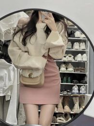 Work Dresses Women Knitted Pullover Pink Suspender Dress Suit Autumn Solid Sweet Loose Sweater Hip Wrap Skirt Fashion Winter Two-piece Set