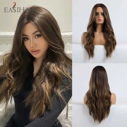 Synthetic Wigs Cosplay Wigs EASIHAIR Long Brown Ombre Synthetic Wigs for Women Natural Hair Wavy Wigs Middle Part Female Wig Cosplay Heat Resistant Wigs 240329