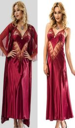 Red Two Piece Wedding Robes Spaghetti Strap Sleeveless Appliqued Lace Bridesmaid Robe Satin Silk Ruched See Through Night Gown For6421218