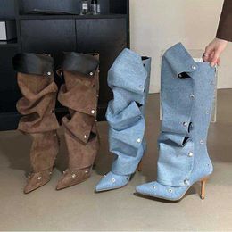 Non-Brand Removable Buttons Decorated HBP Fashion Botas Para Mujer Thin Heel Knee High Denim Boots for Women Shoes