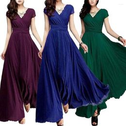 Casual Dresses Summer Bohemian Women Solid Color Short Sleeve V Neck Tight Waist Maxi Evening Dress