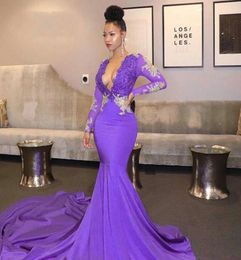 Africa Black Girl Purple Prom Dresses 2021 Sexy Deep V Neck Beaded Lace Appliques Evening Gown Long Sleeves Formal Party Dress AL73342909
