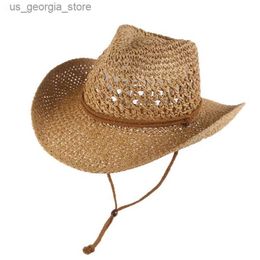 Wide Brim Hats Bucket Hats Summer str Sun Hat 100% Handmade Mens and Womens Western Cowboy Hat Wide Brown Panama Hollow Breathable Jazz Hat Beach Hat Y240319