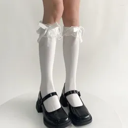 Women Socks Sweet Long Calf Ruffle Trim Bowknot School Girl Student Stockings