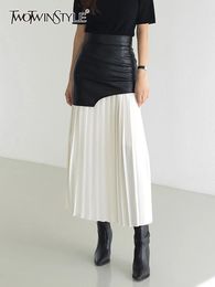 TWOTYLE Casual Patchwork Pu Skirt For Women High Waist Midi Folds Pleated Skirts Female Spring Fashion Clothing Style 240319