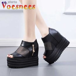 Dress Shoes 12CM Thick Sole Summer Cool Boots Women Sexy Mesh Gauze Sandals Inner Height Fashion Back Zip Super High Heels Trend 2023 H240325