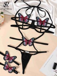 Sexy Set SINGREINY Butterfly Hollow Out Sexy Lingerie Playsuits Halter Backless Underwear Sets Women Sheer Sensual Erotic Porn Bodysuits 24319