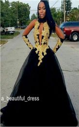 Fashion Black Gold Appliques Prom Dresses Halter Backless Bead Sequin Keyhole Evening Gown Organza Long Prom Dress ED11574199508