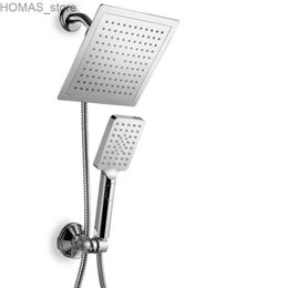 Bathroom Shower Heads Super luxurious 9-inch square rain shower combination with push controlled handheld shower and low to wall bracket Chrome Y240319