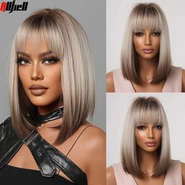 Synthetic Wigs Short Straight Synthetic Wigs for Women Blonde to Brown Ombre Bob Wigs with Bangs Daily Cosplay Party Heat Resistant Fake Hair 240329