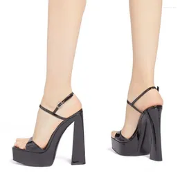 Sandals Black Patent Leather Platform Thick Heel Woman Summer 2024 Sexy Square Toe Buckle Sole High Heels Shoes For Women