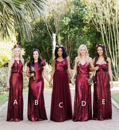 5 Styles Sparkly Burgundy Long Bridesmaid Dress Girls Prom Party Gowns Bling Sequined Evening Dresses Pageant Dress Custom Size8051169892