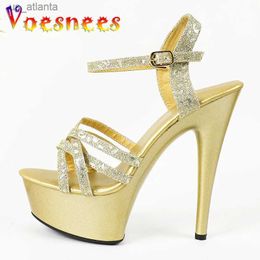 Dress Shoes Gold Ankle Strap Super High Heels 2023 Ladies Thin Band Sandals 15CM Waterproof Platform Women Luxury Summer Party Pumps H240325