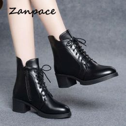 Boots ZANPACE 2021 New Winter Boots Women LaceUp Keep Warm Fur Women's Autumn Shoes Leather High Heel Pointed Toe Women's Ankle Boots