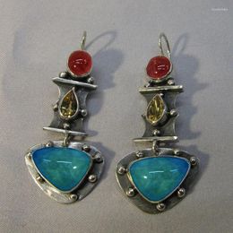 Dangle Earrings Vintage Water Drop Blue Zircon Ethnic Silver Colour Metal Hand Carved Patterns Red Stone Jewellery