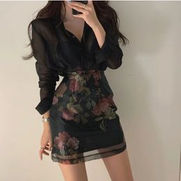 Korea Chic Elegant Women 2 Piece Sets Sexy Seethrough Longsleeved ShirtHigh Waist Aline Floral Print Skirt 2pc OL Suits 240315