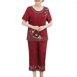 Women's Two Piece Pants Older Women T-shirt Suit Elegant Flower Print Grandma Set For Elderly Summer Short Sleeve O Neck Top