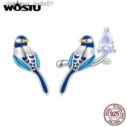 Stud WOSTU 925 Sterling Silve Birds Earrings Asymmetrical Design Purple Zircon Colorful Enamel Process Ear Studs Fine Jewelry GiftC24319
