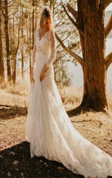 Plus Size Lace Country Wedding Dresses 2021 New Court Train Beaded VNeck 34 Long Seeve ALine Bridal Gowns Vestido De Novia5693021