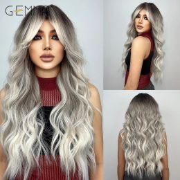 Wigs Synthetic Brown Grey Blonde Ombre Long Wavy Wig with Bangs Curly Cosplay Natural Hair Wig for Black Women Heat Resistant Fibre