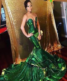 Glitter Green Mermaid Prom Dresses 2022 Sexy Backless Sweetheart Plunging V Neck Long Ruffles Evening Party Gowns Formal BC11563565022