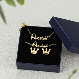 Qitian Custom Kids Crown 4 Piece Set Name Jewellery Personalised Mini Bracelet Neckace Crown Ring Earring Birthday Christmas Gift 240305