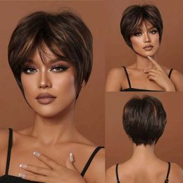 Synthetic Wigs Cosplay Wigs Brown Synthetic Hair Wigs for Black Women Short Pixie Cut Hair Wigs With Bangs Party Daily Use Wig Natural Hair Heat Resistant 240327
