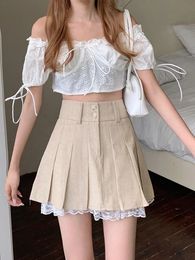 2024 Korean Fashion Khaki Short Skirt Lace Trim Cute Pleated Skirts Womens Preppy Style Button Up High Waist Summer Mini Skirt 240319